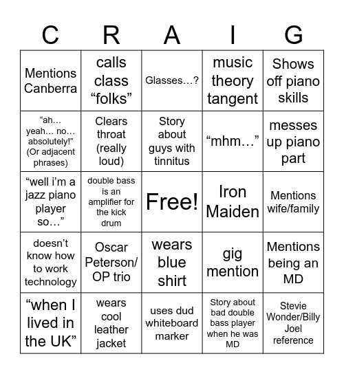 Craig Bingo Card