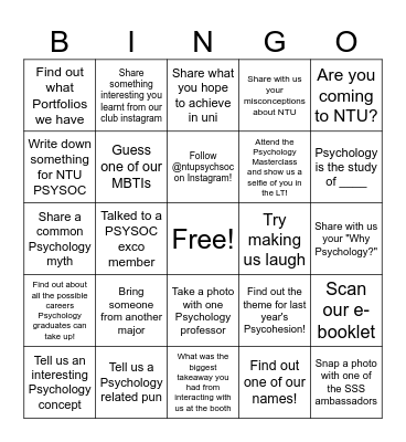 NTU Psychology Society Bingo Card