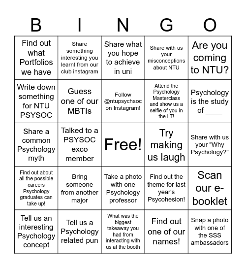 NTU Psychology Society Bingo Card