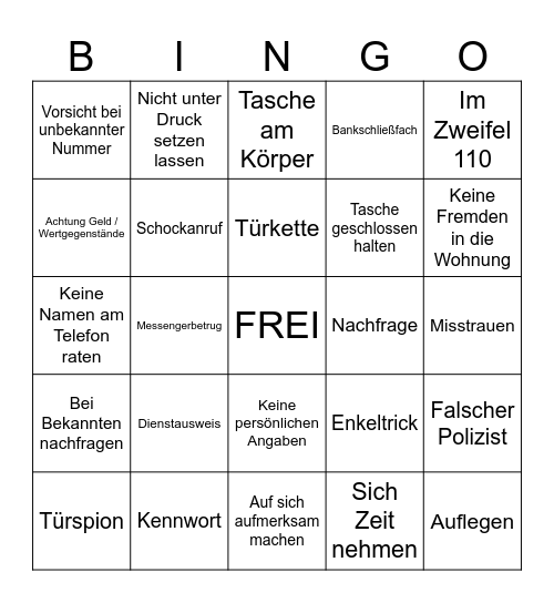 Bingo zum Thema Trickbetrug Bingo Card