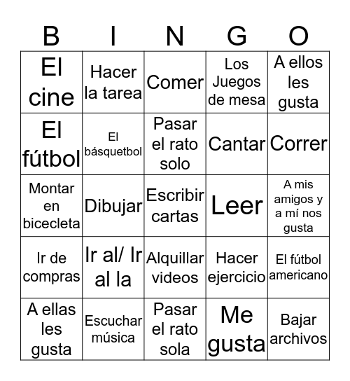 Talking about what you and others like to do: Bingo Card