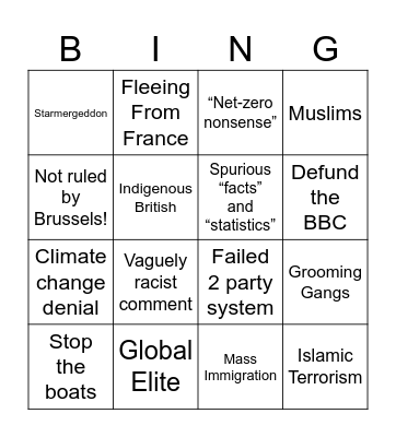 Reform UK Bingo Card