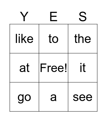 Kindergarten Sight Words Bingo Card