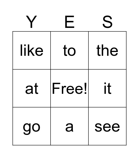 Kindergarten Sight Words Bingo Card
