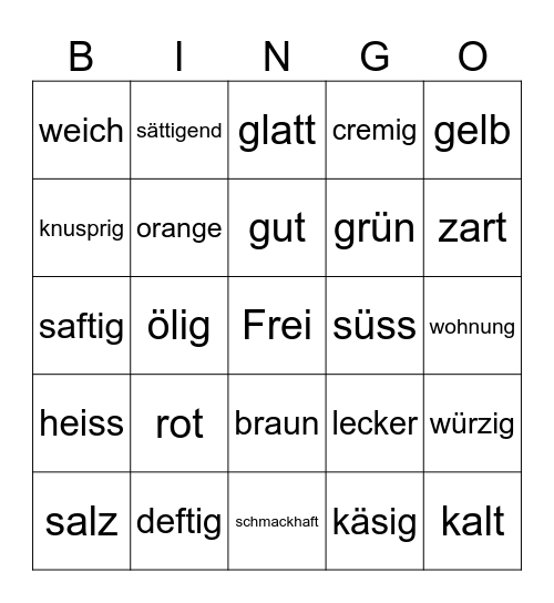 Tyske adjektiv Bingo Card