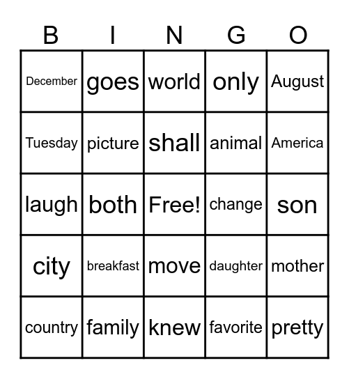 Trick Words Bingo Card