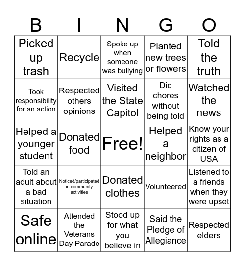 Citizenship Bingo Card