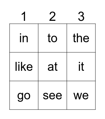 Kindergarten Sight Words Bingo Card
