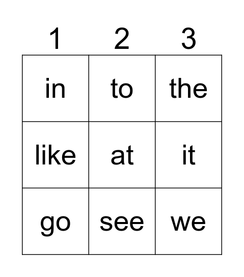 Kindergarten Sight Words Bingo Card