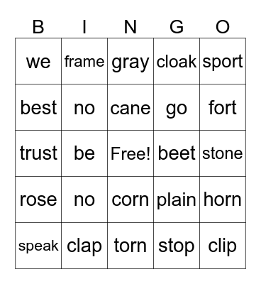 Syllable Type BIngo Card