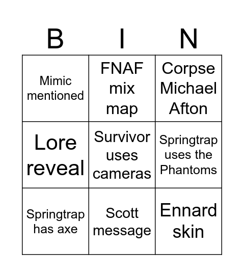 DBD x FNAF Bingo Card
