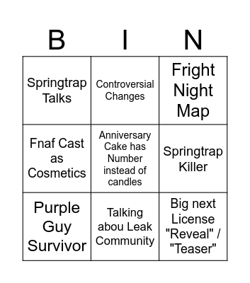 DbD 9th Anniversary Stream Bingo Card