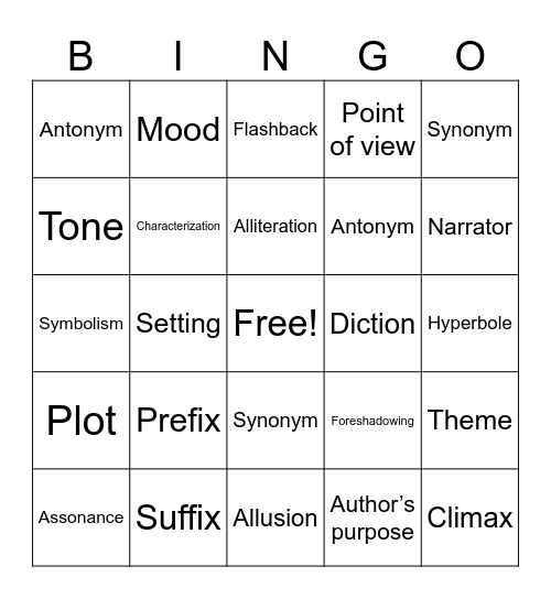 Literary Terms Bingo Card