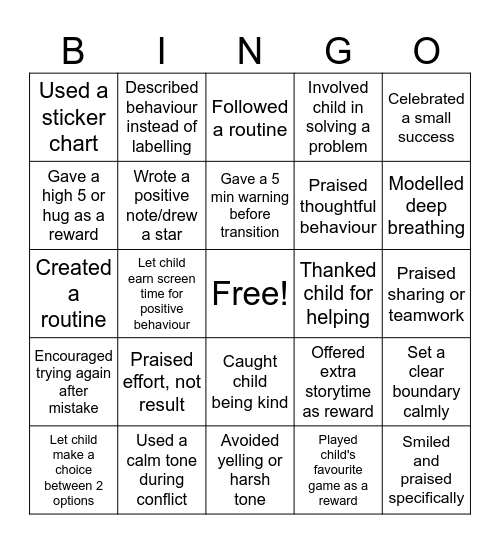 Positive Reinforcement Bingo Card