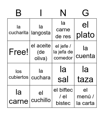 El Restaurante Bingo Card