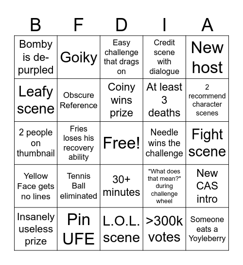 BFDIA 19 Bingo Card