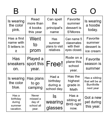 End of School Year Bingo Card