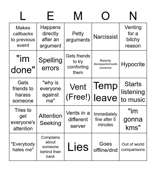 Evil Fucker Venting Bingo Card
