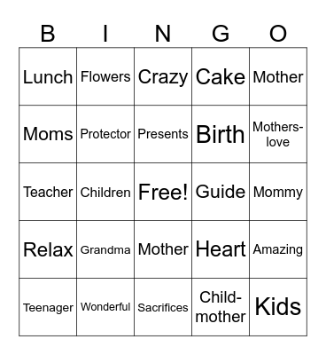 West Vale Mother's Day Bingo Card