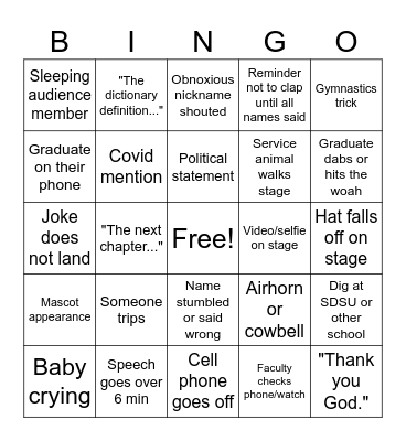 Joel's Graduation Bingo Card