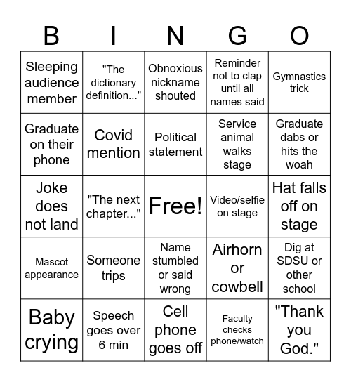Joel's Graduation Bingo Card