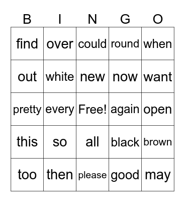 Sight Words Bingo Card