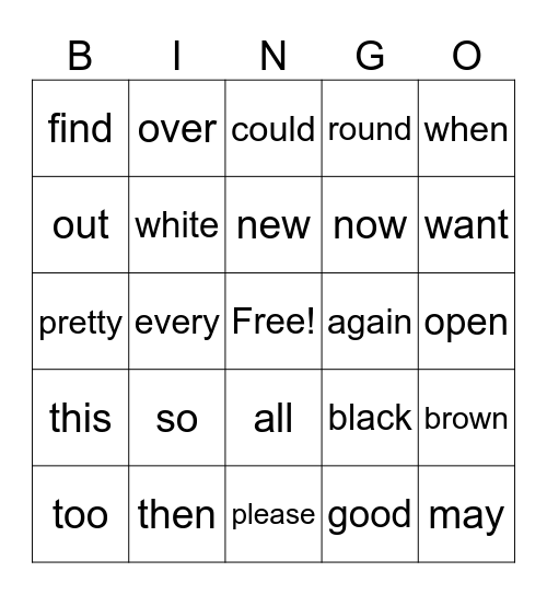 Sight Words Bingo Card