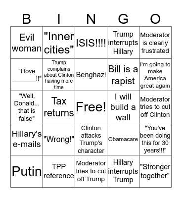 2016 Presidential Debate Bingo Card