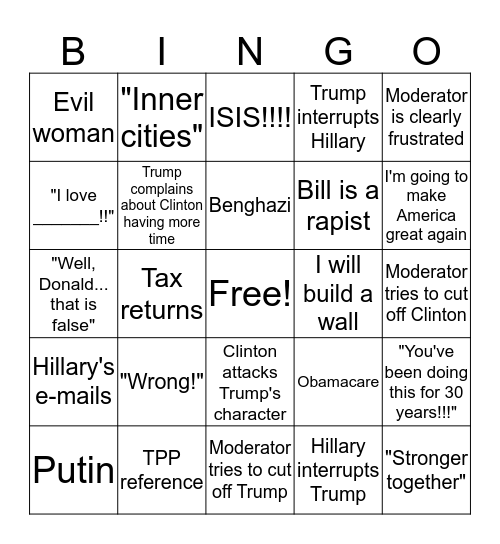 2016 Presidential Debate Bingo Card