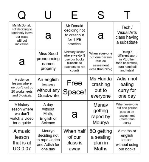 Unforseen 8Q events Bingo Card