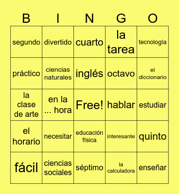 2A Vocabulary Bingo Card