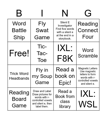 Bossy R and Silent E Bingo Card