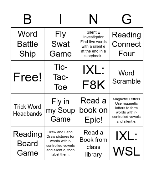 Bossy R and Silent E Bingo Card