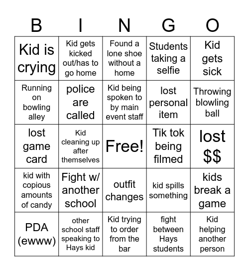 Staff Main Event Bingo Card