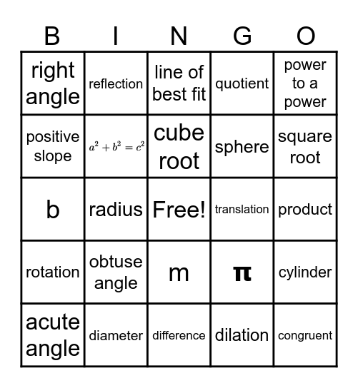 8th Grade Math Bingo Card