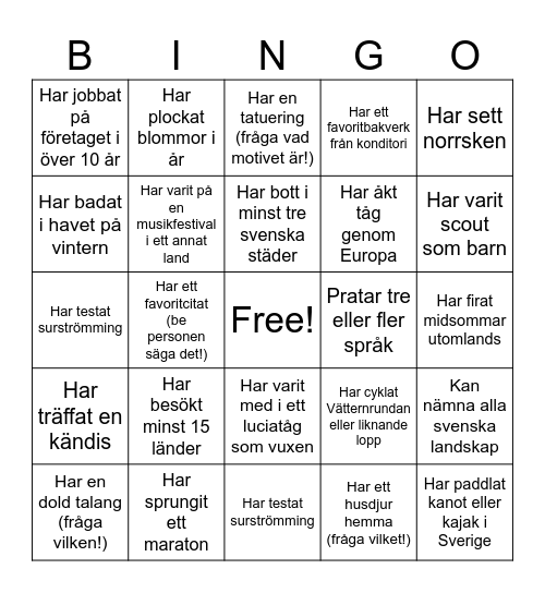 Medarbetar Bingo Card