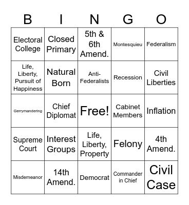 Civics Final Review Game Bingo Card