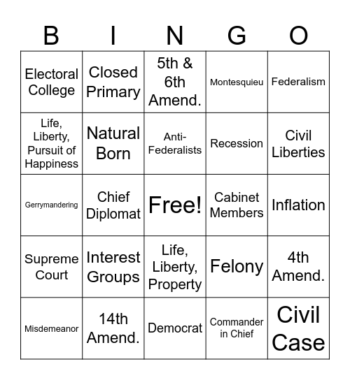 Civics Final Review Game Bingo Card