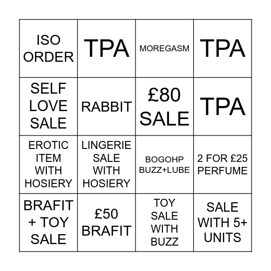 Ann Summers Bingo Card