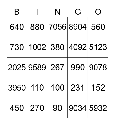 numeros 100-1000 Bingo Card