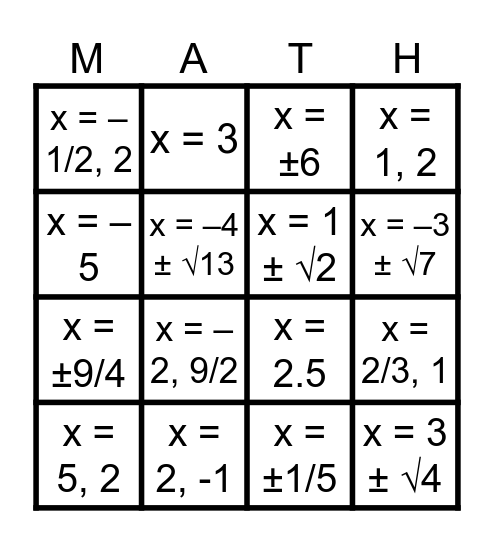 Quadratics Bingo Card