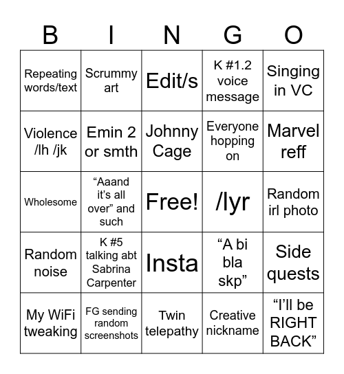 Starlight/s Bingo Card