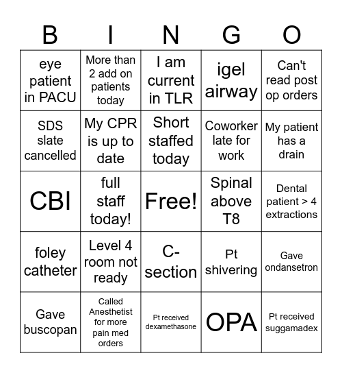PACU BINGO Card