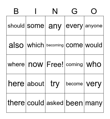 STEP 2 Sight Words Bingo Card
