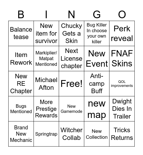 DBD Anniversary Bingo Card