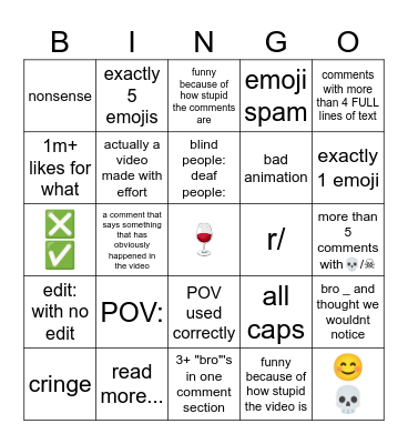 yt shorts bingo Card