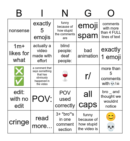 yt shorts bingo Card
