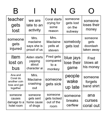 Band Trip Bingo Card