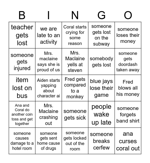 Band Trip Bingo Card