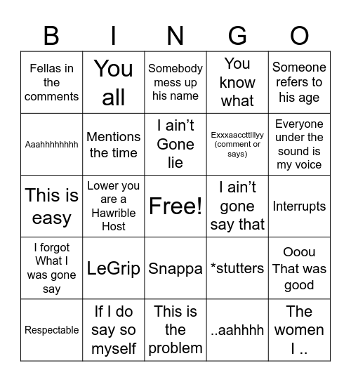 Jville-isms Bingo Card